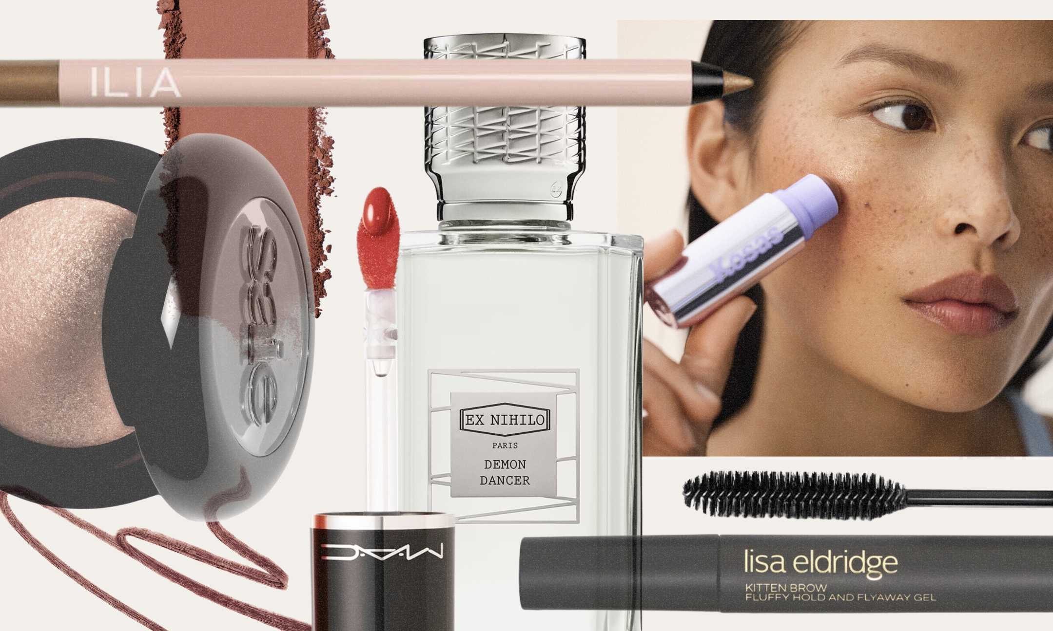 A beauty product collage featuring the Ilia Beauty Thru Line Waterproof Eyeliner, Saie SuperSuede Baked Eyeshadow, Ex Nihilo Paris Demon Dancer perfume, MAC Lustreglass Stainglass Lip Tint, Lisa Eldridge Kitten Brow Fluffy Hold & Flyaway Gel, and a model applying the Kosas Impressionist Multi-Stick.