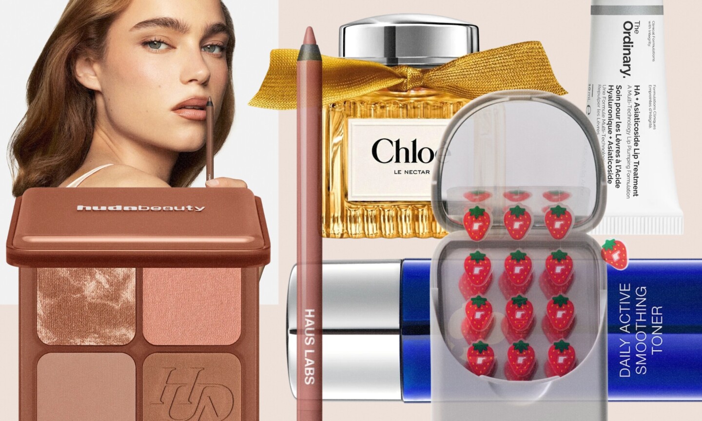 Collage of October beauty launches from Huda Beauty, Haus Labs, Chloé, Rhode, The Ordinary, and iS Clinical.
