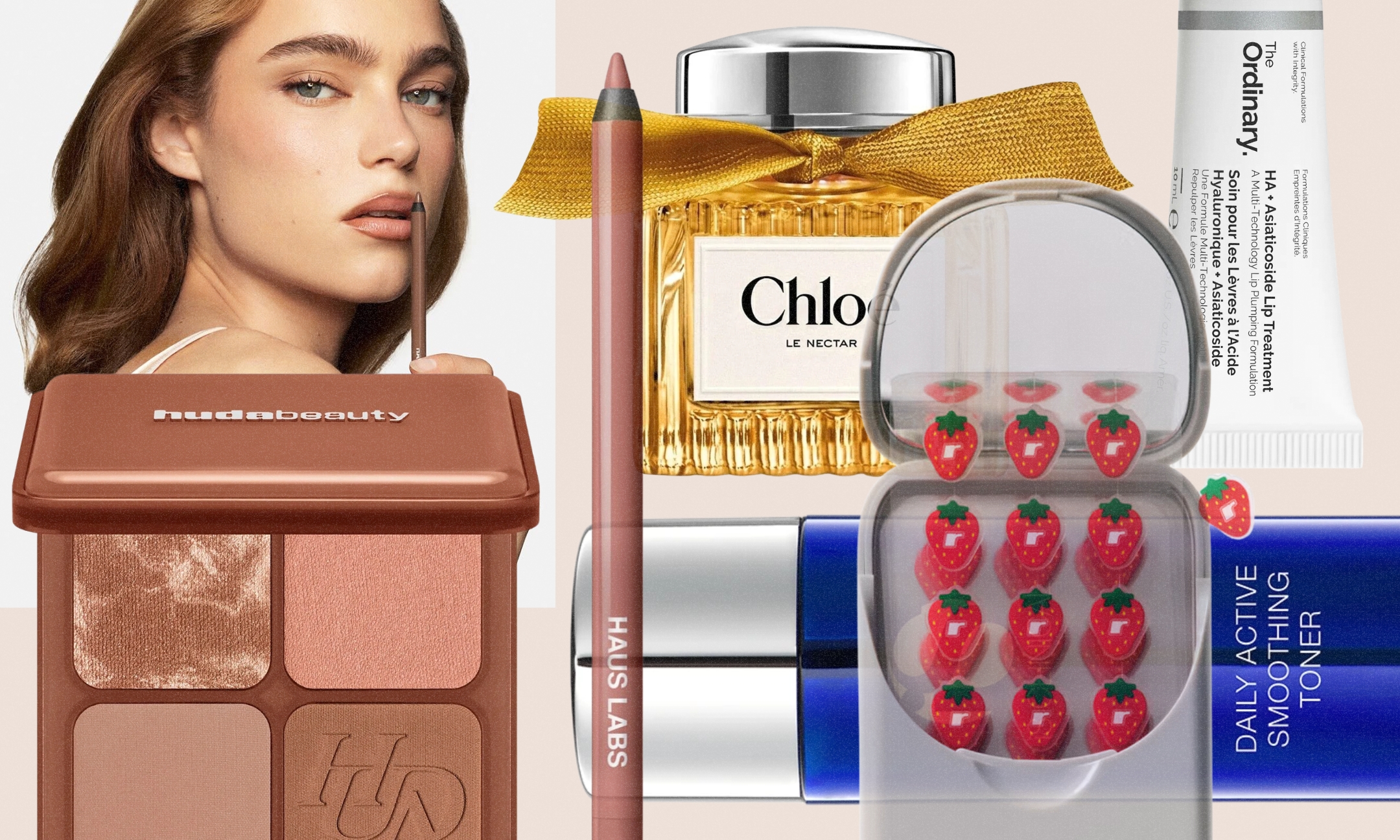 Collage of October beauty launches from Huda Beauty, Haus Labs, Chloé, Rhode, The Ordinary, and iS Clinical.