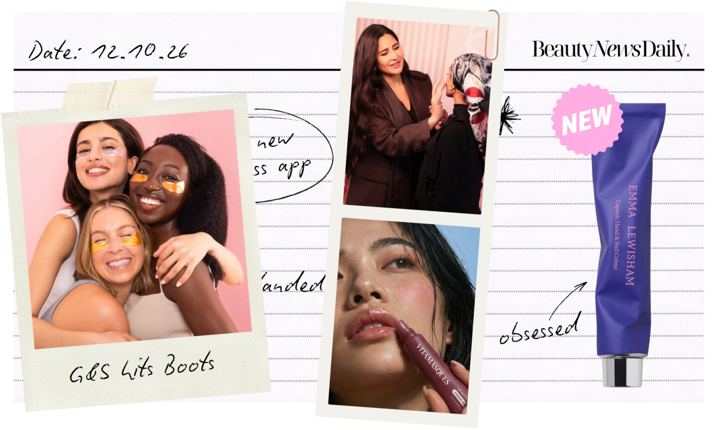 BeautyNewsDaily beauty notes collage: Grace & Stella under-eye patches at Boots, a Kay Beauty makeup session, Vitamasques lip butter and Emma Lewisham hand cream.