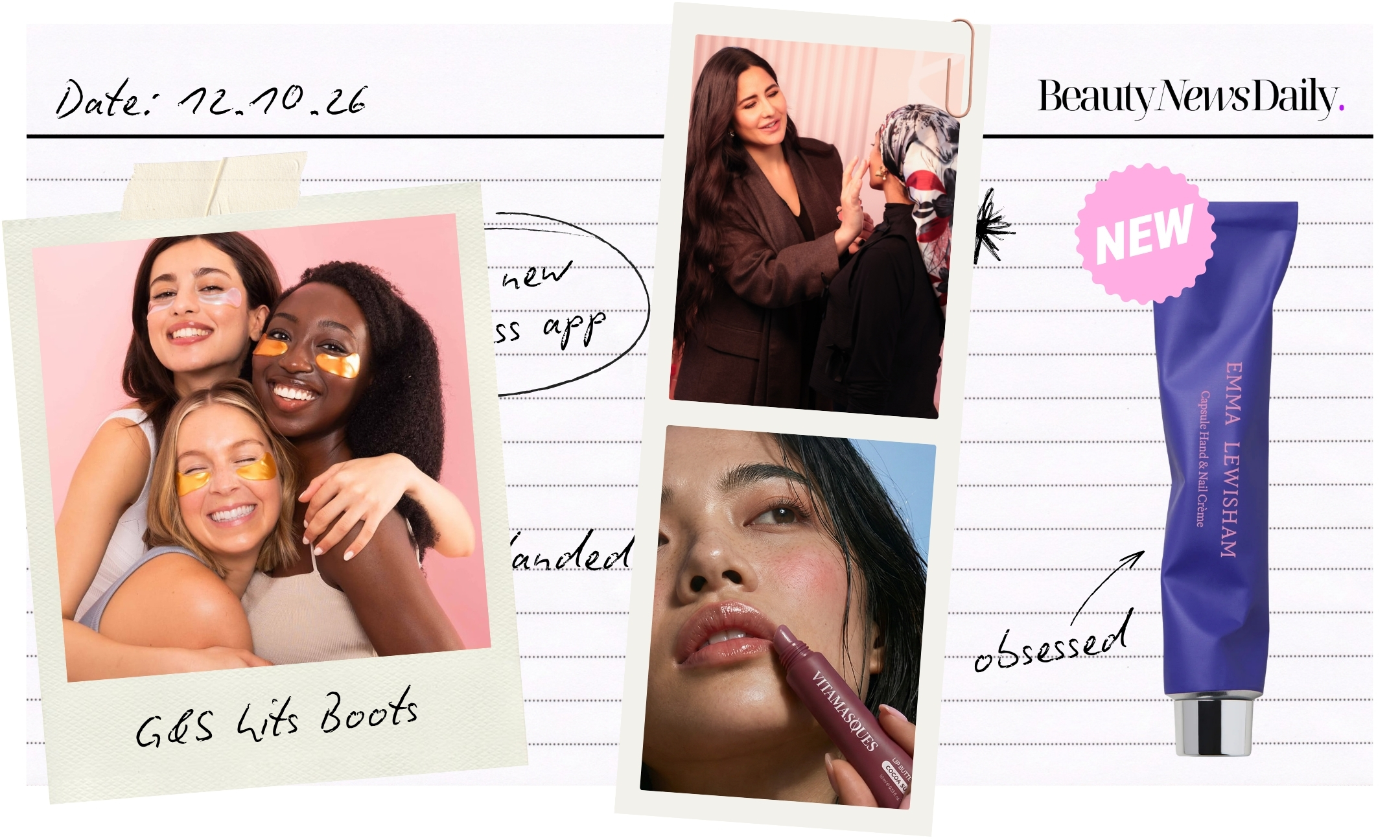 BeautyNewsDaily beauty notes collage: Grace & Stella under-eye patches at Boots, a Kay Beauty makeup session, Vitamasques lip butter and Emma Lewisham hand cream.