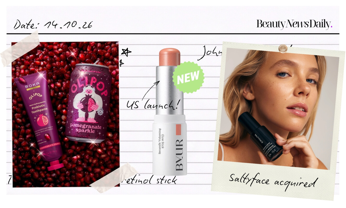 A notepad page dated 14 October 2026 with photos of the day’s beauty stories: a Boka and Olipop Pomegranate Sparkle toothpaste beside an Olipop soda can, and a polaroid of a woman holding Saltyface Tanning Water, captioned “Saltyface acquired”. A Byur glow stick sits in the middle, marked “NEW”.