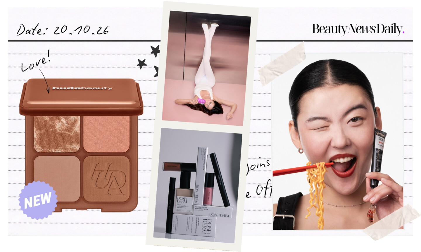 Collage featuring the Huda Beauty Bronze Filter Palette, Amelia Gray with Cymbiotika, Dose (Of) Derm makeup, and a Glow Recipe x Buldak Glass Balm.