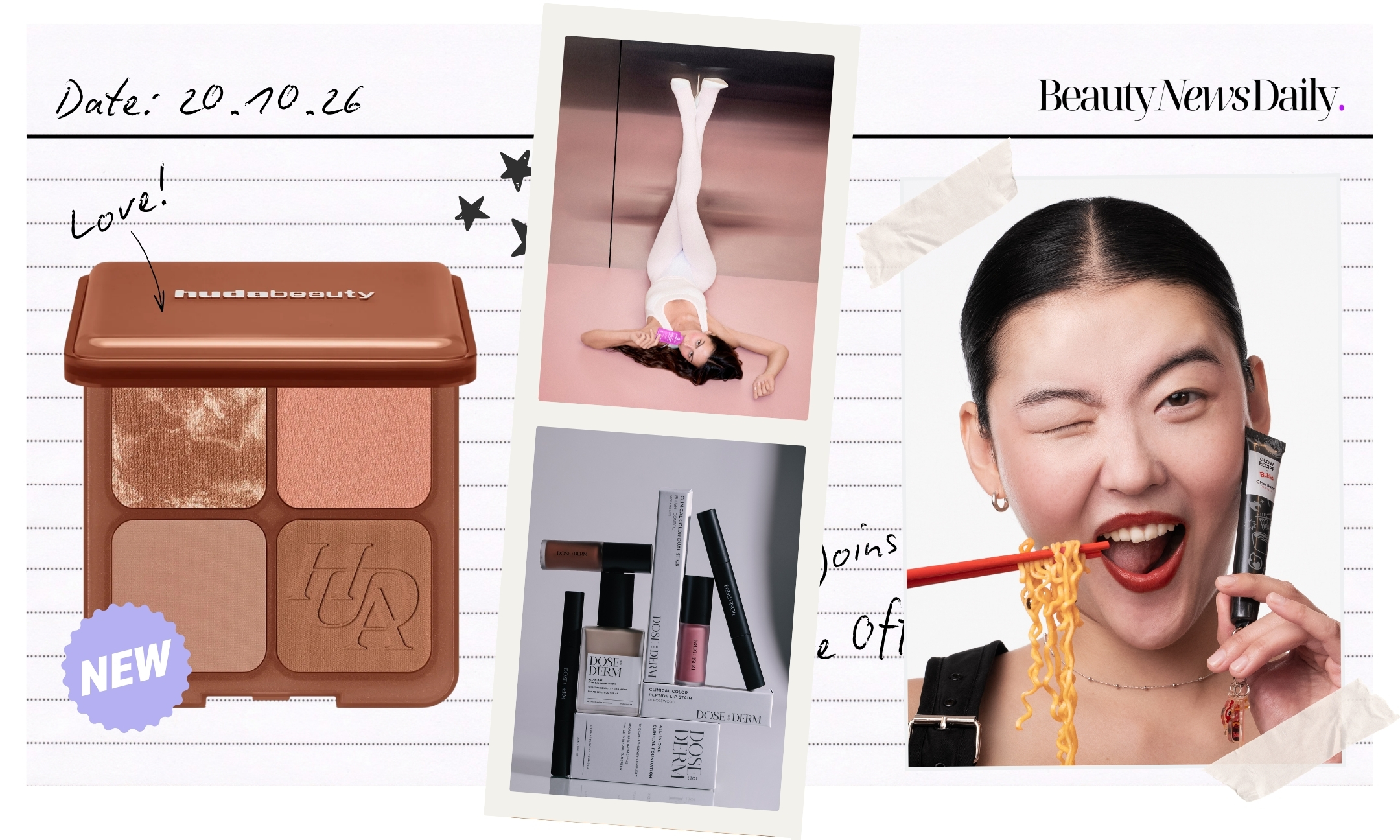 Collage featuring the Huda Beauty Bronze Filter Palette, Amelia Gray with Cymbiotika, Dose (Of) Derm makeup, and a Glow Recipe x Buldak Glass Balm.