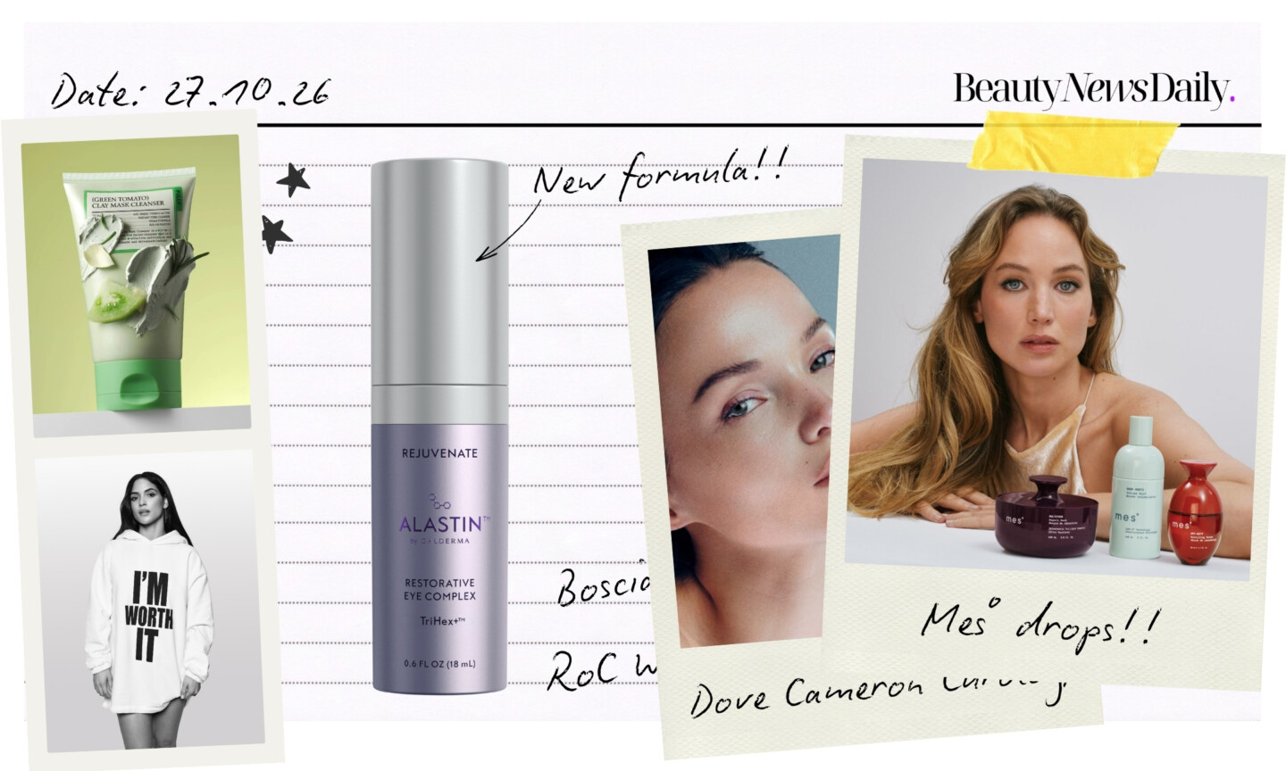 A notepaper collage featuring Fully’s Green Tomato Clay Mask Cleanser, L’Oréal Paris, Alastin Restorative Eye Complex, Dove Cameron for Curology, and Mes°.