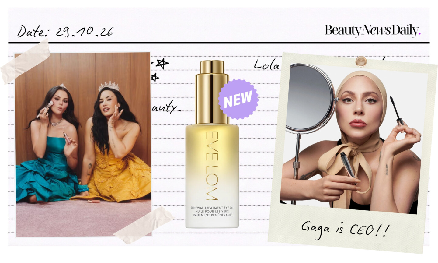 A notepaper collage featuring Rare Beauty’s Delena campaign, Eve Lom Renewal Treatment Eye Oil, and Lady Gaga for Haus Labs.