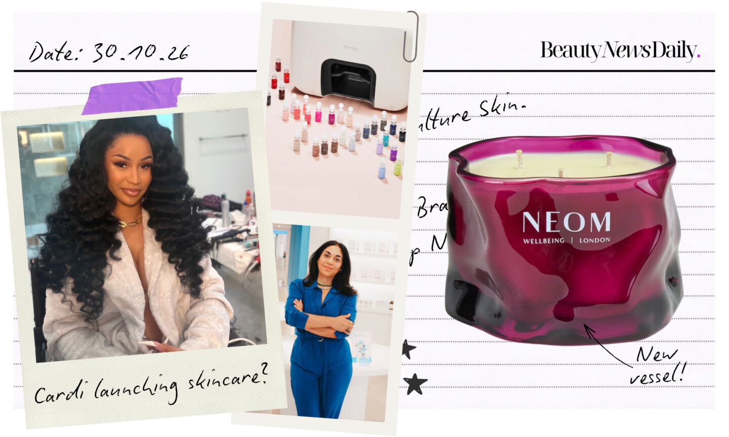 A notepaper collage featuring Cardi B, a Nimble manicure machine, The Organic Pharmacy, and Neom’s Christmas Wish candle.