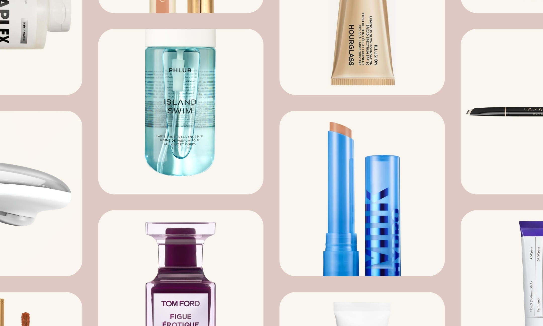 A grid compilation of trending beauty products on a dusty pink background, including Phlur Island Swim Hair & Body Fragrance Mist, Hourglass Illusion Luminous Glow Foundation, Milk Makeup Hydro Grip Gel Stick Concealer, Tom Ford Figue Érotique Eau de Parfum, ZIIP Halo 2.0, and more.
