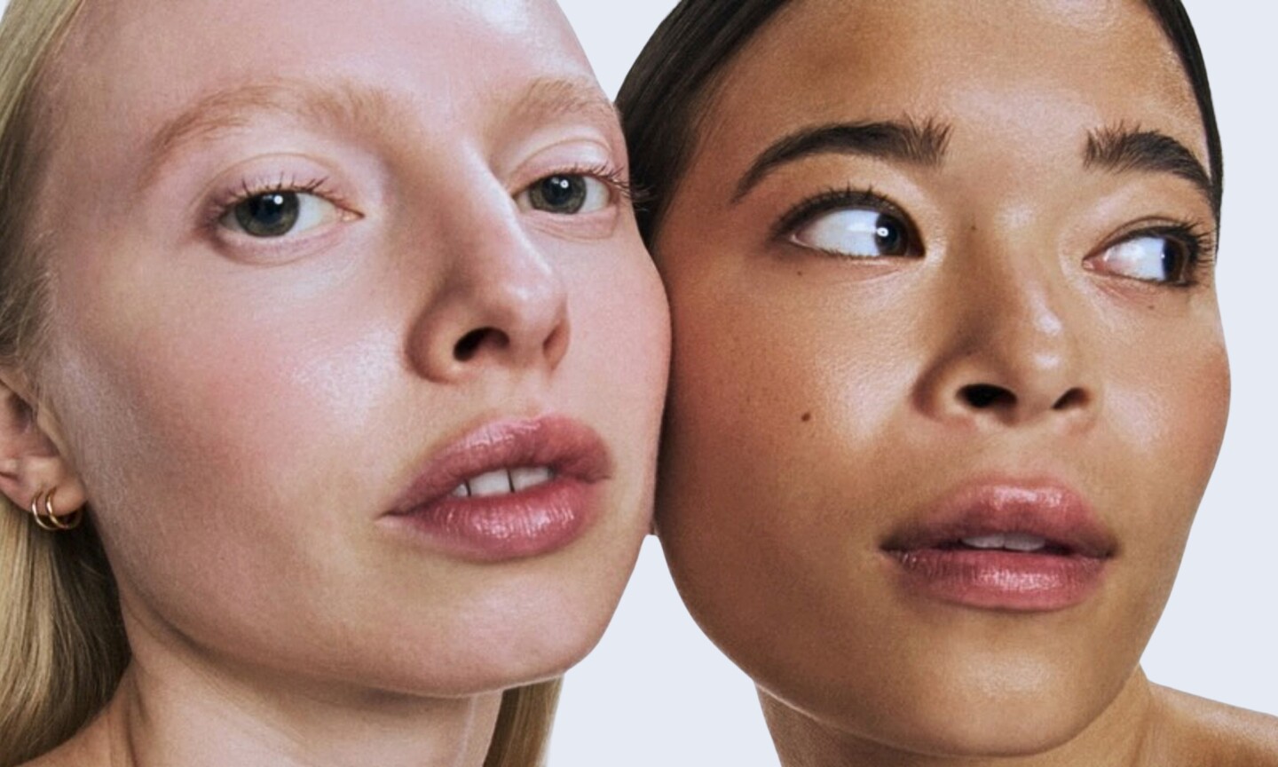 Extreme close-up portrait of two models side-by-side displaying dewy skin and natural makeup for the Beecee beauty launch by Gregg Renfrew.