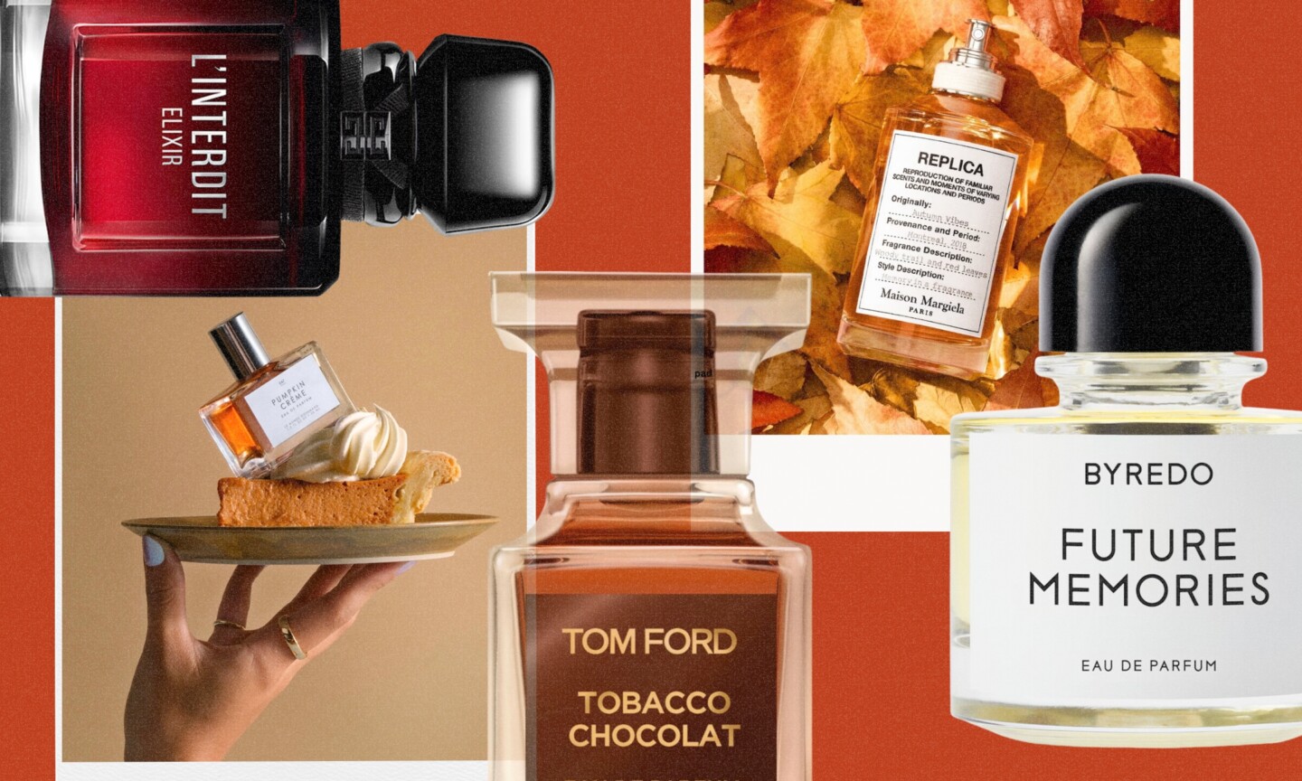 A collage of autumn fragrances including Givenchy L'Interdit Elixir, Maison Margiela Replica Autumn Vibes, Tom Ford Tobacco Chocolat, Byredo Future Memories, and Le Monde Gourmand Pumpkin Crème.