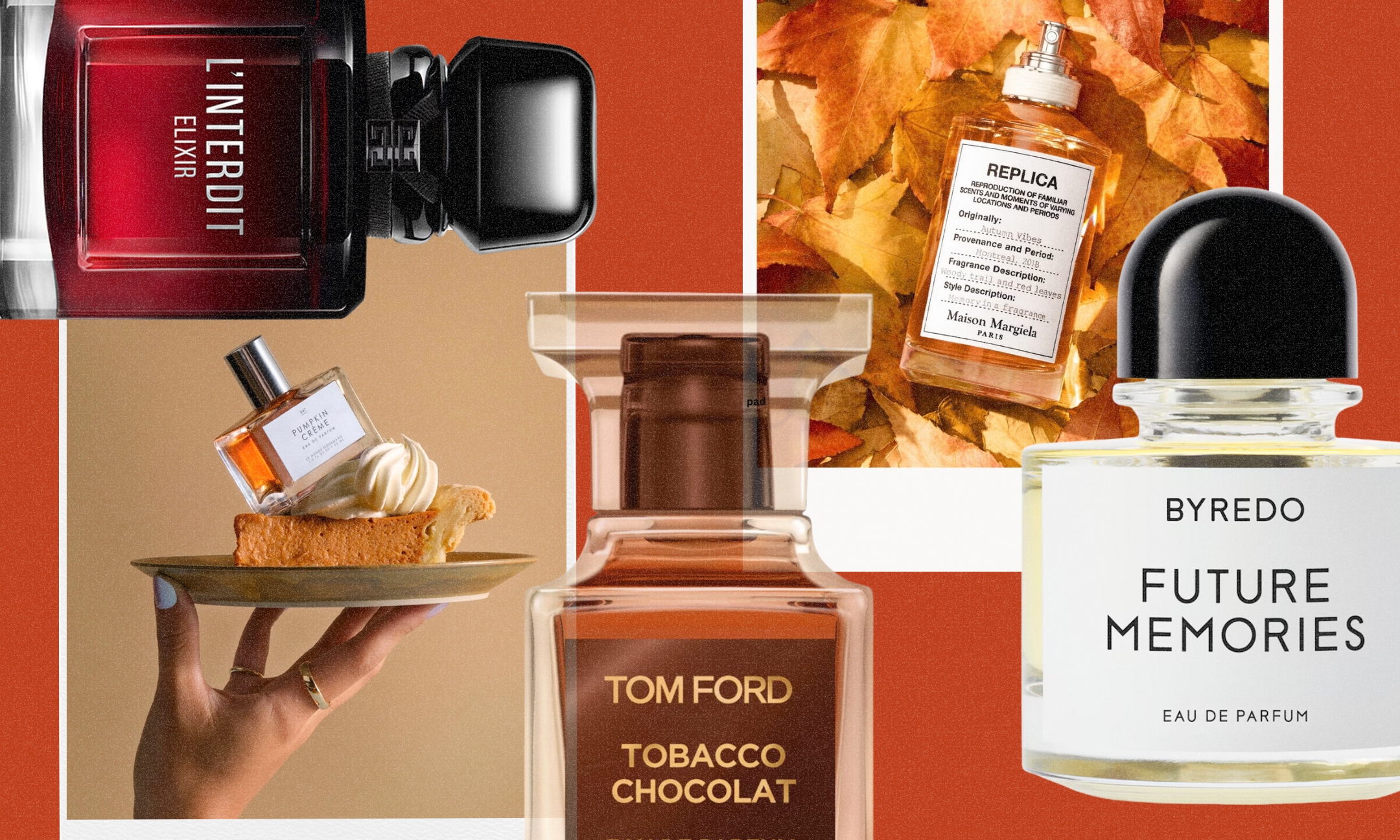 A collage of autumn fragrances including Givenchy L'Interdit Elixir, Maison Margiela Replica Autumn Vibes, Tom Ford Tobacco Chocolat, Byredo Future Memories, and Le Monde Gourmand Pumpkin Crème.
