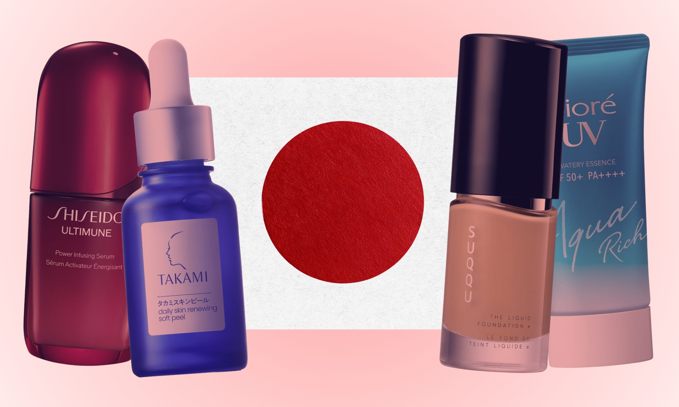 Shiseido Ultimune Power Infusing Serum, Takami Daily Skin Renewing Soft Peel, Suqqu The Liquid Foundation, and Bioré UV Aqua Rich Watery Essence sunscreen arranged around a Japanese flag on a pink background.