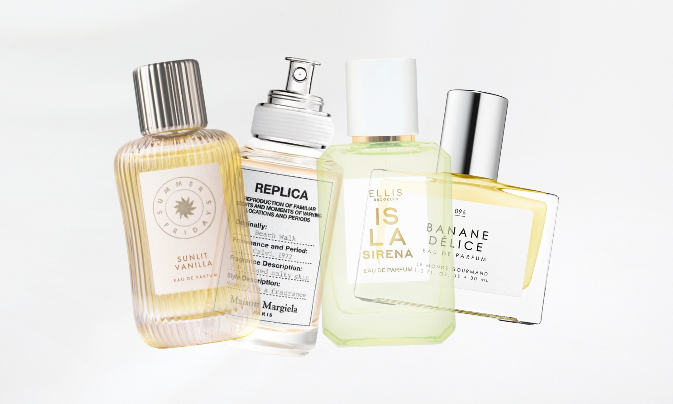 A flat lay compilation of popular summer lactonic perfumes including Summer Fridays Sunlit Vanilla, Maison Margiela Replica Beach Walk, Ellis Brooklyn Isla Sirena, and Le Monde Gourmand Banane Délice, featured on Beauty News Daily.
