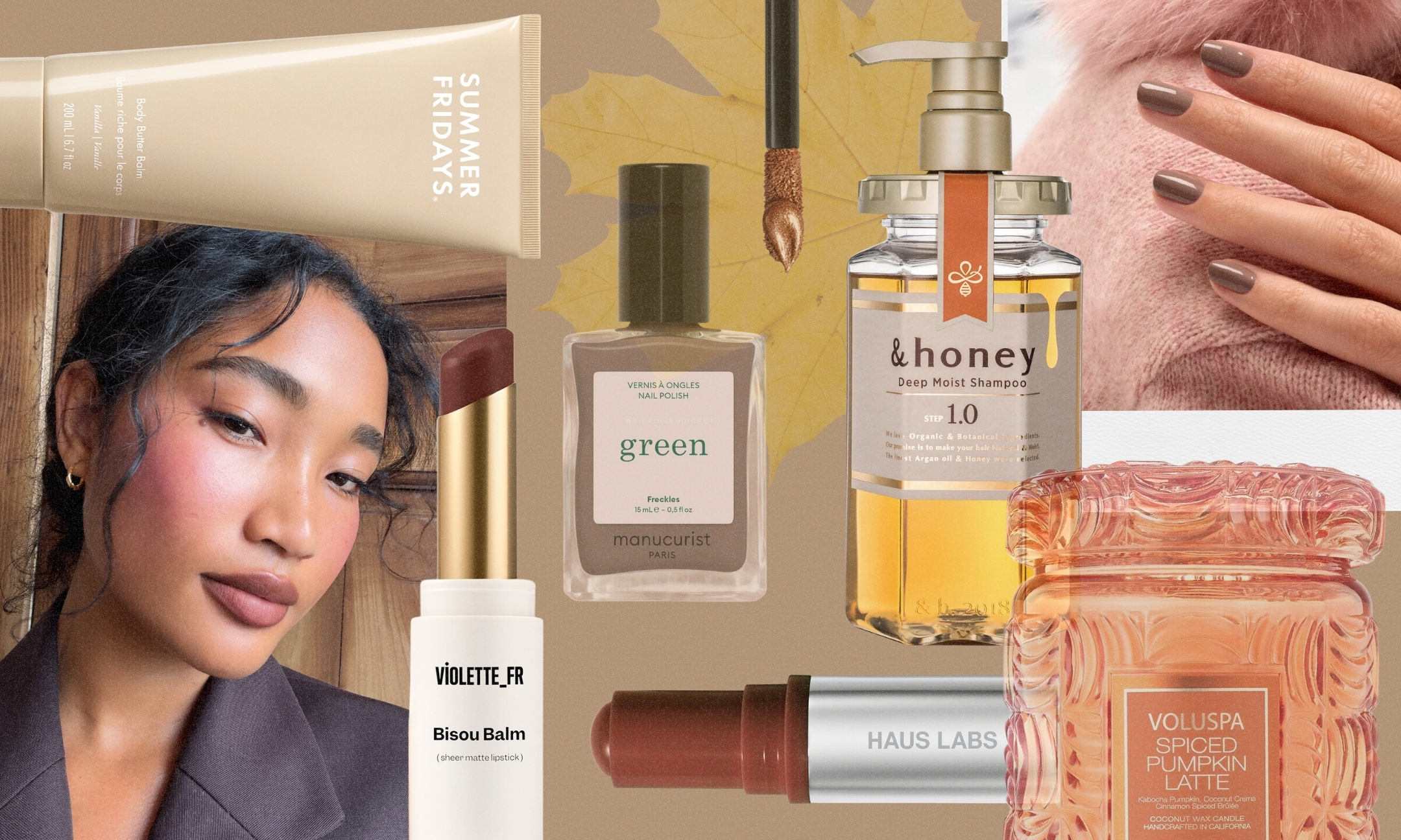 A collage of fall beauty products featuring Summer Fridays Body Butter Balm, Violette_FR Bisou Balm, Manucurist Green Nail Polish, &honey Deep Moist Shampoo, Haus Labs stick, a Voluspa Spiced Pumpkin Latte candle, manicured brown nails, and a beauty model.