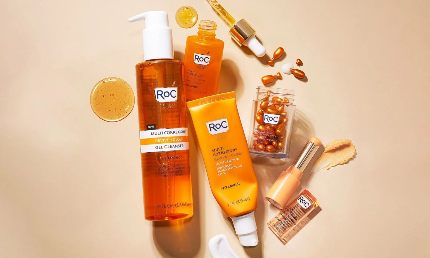 a selection of RoC Skincare products on a beige background