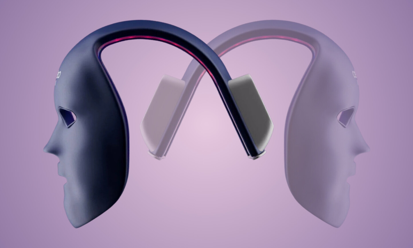 Two blue Celluma Mystique LED light therapy masks facing away from each other in an interlocking infinity shape against a purple background, featured on Beauty News Daily.