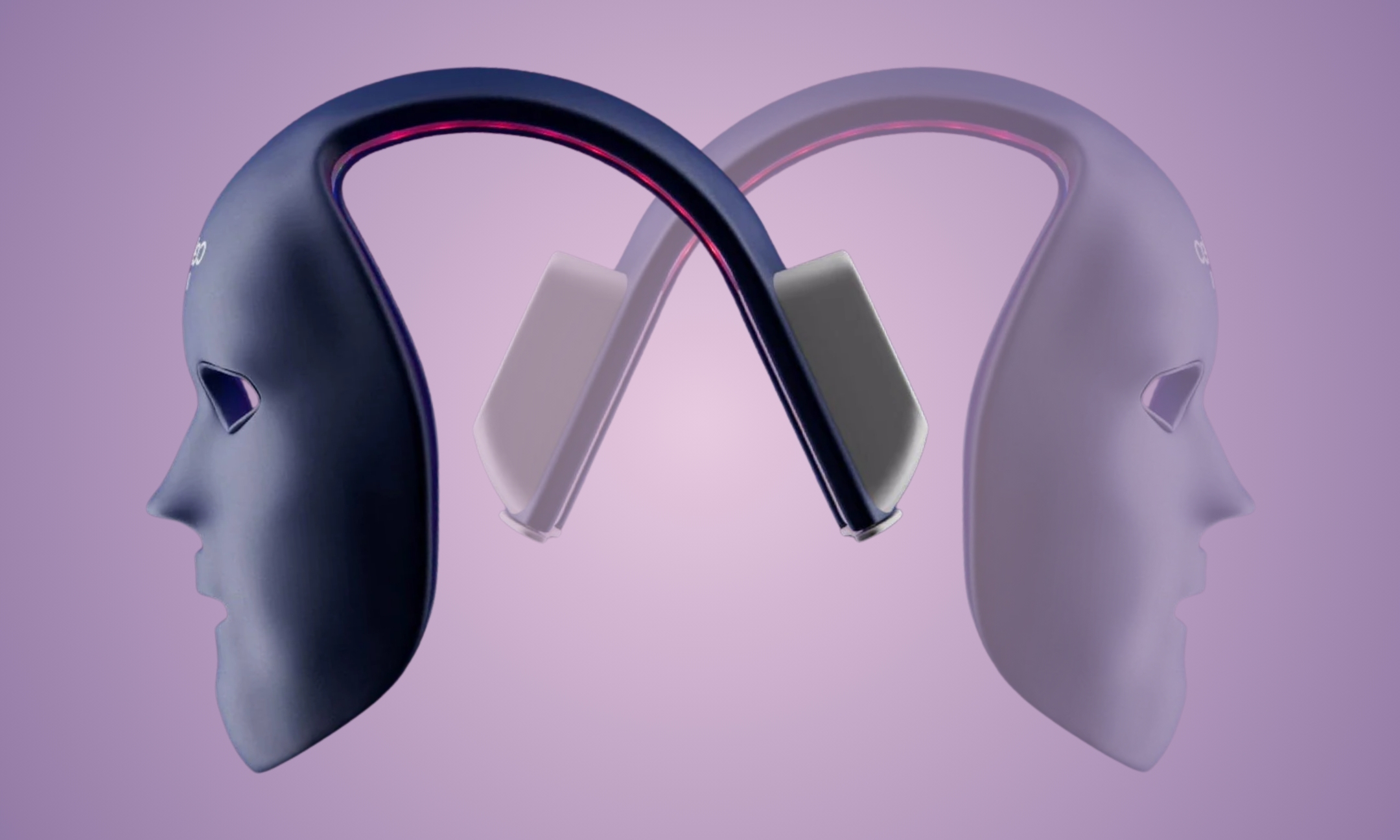 Two blue Celluma Mystique LED light therapy masks facing away from each other in an interlocking infinity shape against a purple background, featured on Beauty News Daily.