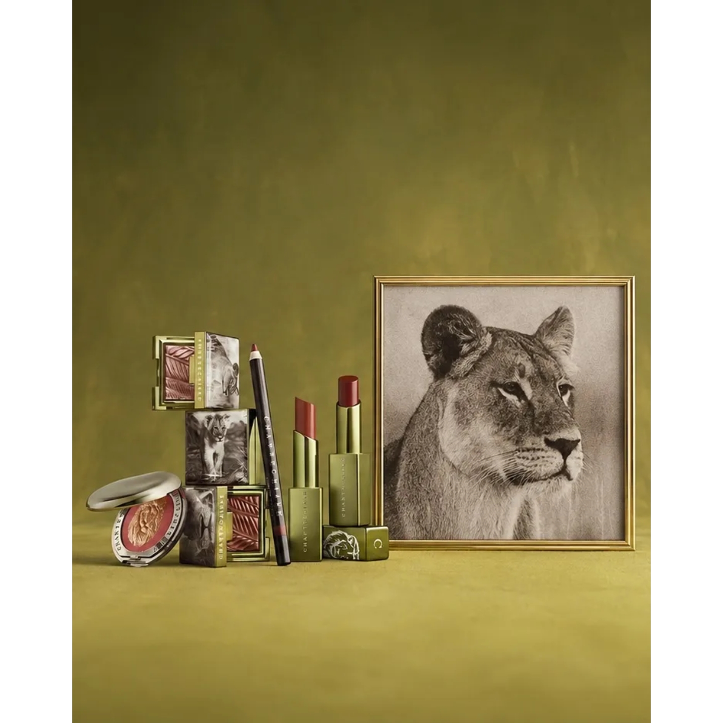 The Chantecaille Lion Collection displayed on an olive green surface next to a framed black-and-white lion portrait, featuring lipsticks, lip liner, compacts, and packaging with lion imagery.