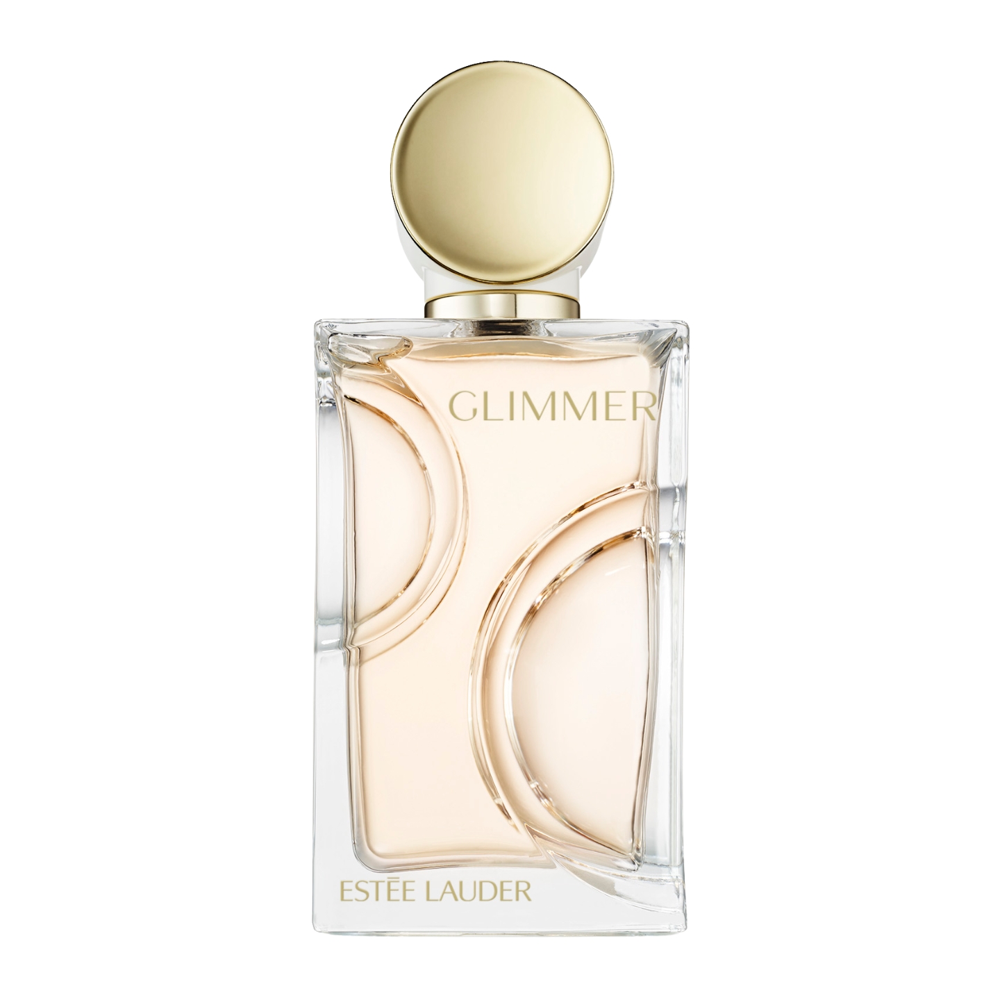 A bottle of Estée Lauder Glimmer Eau de Parfum featuring a rectangular glass design with sculpted geometric curves and a polished circular gold cap.