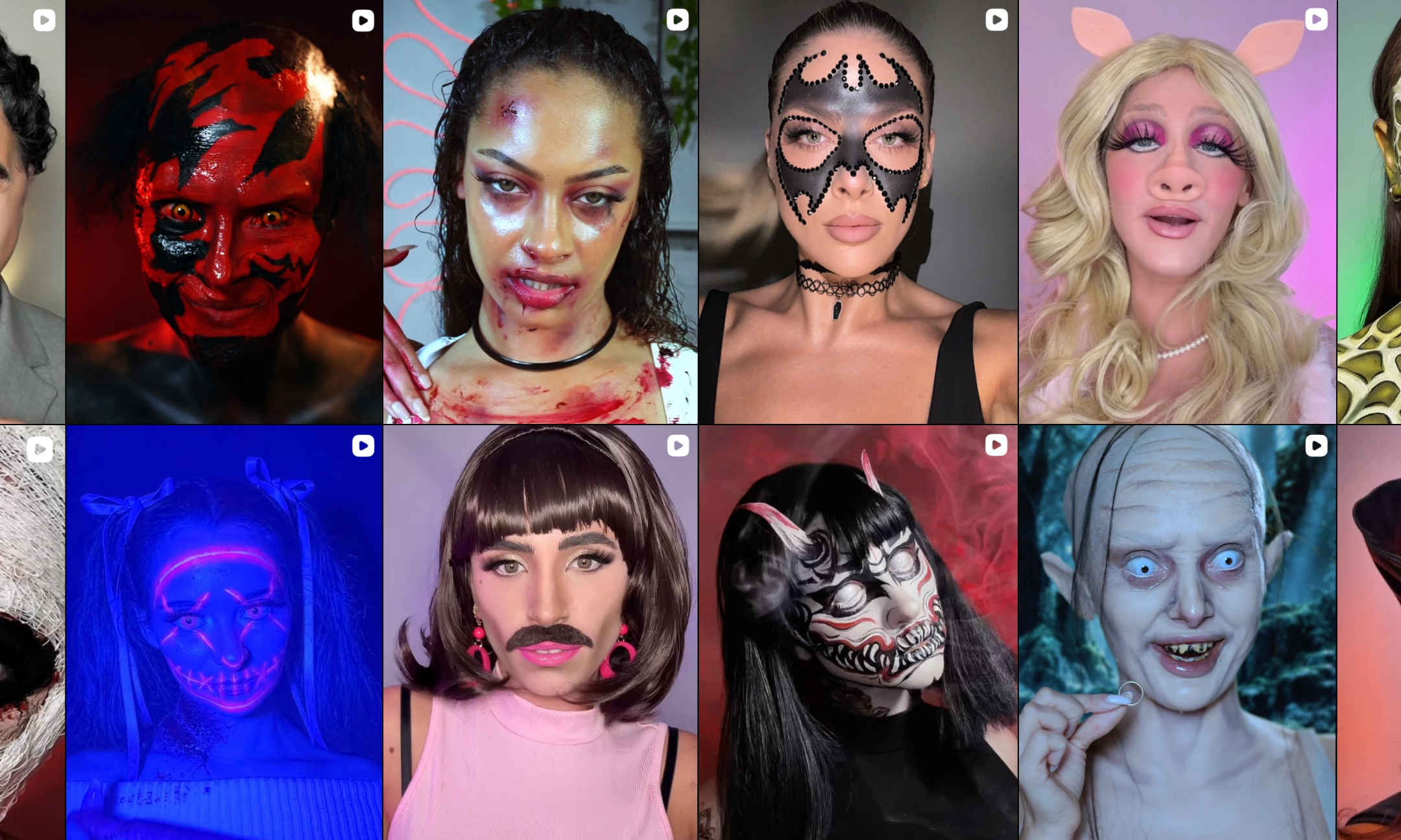 Grid of Halloween makeup looks from TikTok and Instagram creators, including a red devil, a bloodied zombie, a jewelled bat mask, a pig character, a neon UV clown, a horned demon mask, and Gollum holding a ring.