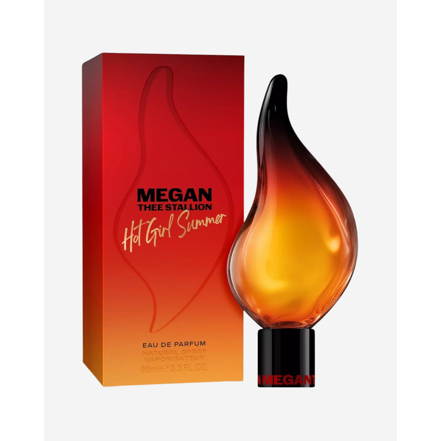 The flame-shaped glass bottle and red gradient packaging for Megan Thee Stallion Hot Girl Summer Eau de Parfum, featured on Beauty News Daily.