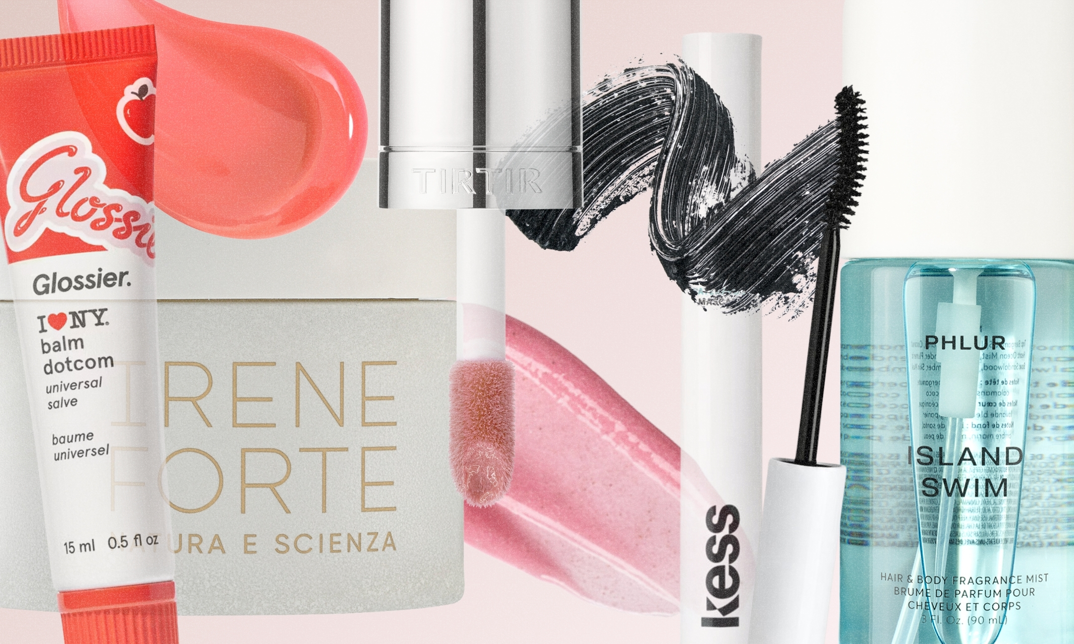 A collage of top July 2026 beauty launches including Glossier I Heart NY Balm Dotcom, Irene Forte exfoliator, a Tirtir lip gloss with applicator, Kess mascara with a wand swipe, and Phlur Island Swim hair and body fragrance mist, featured on Beauty News Daily.