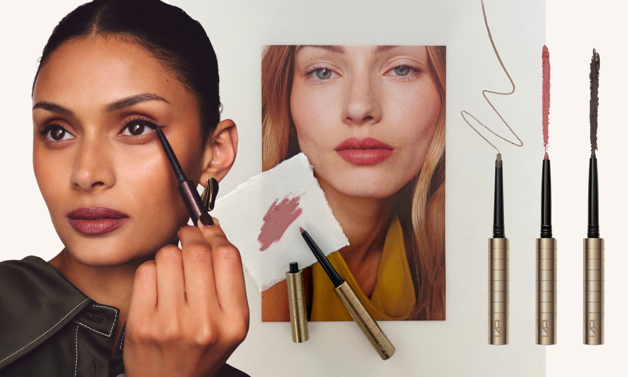 A collage showing a model applying eyeliner with a bronze KB Pen, a pink lip liner swatch on textured paper, and three gold KB Pens with brow, lip, and eye cartridges beside their colour swatches.