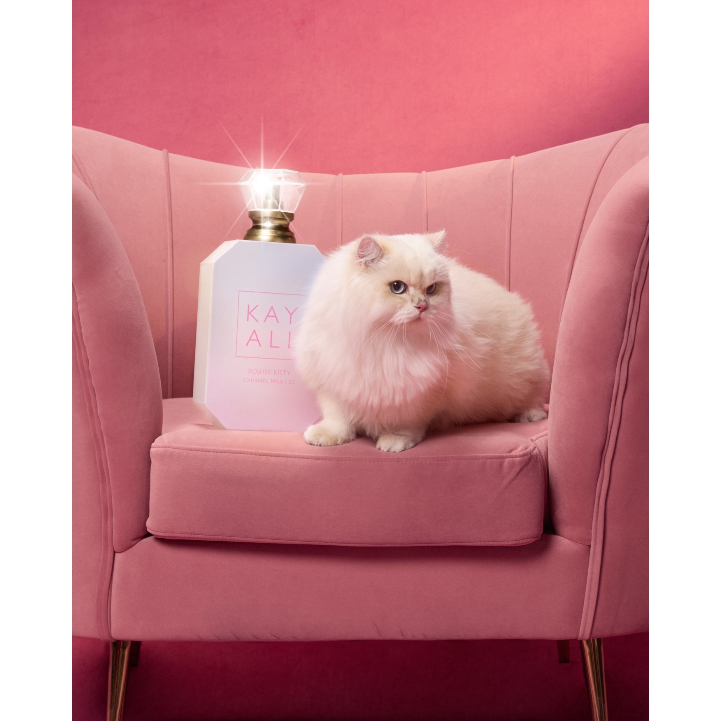 A fluffy white long-haired cat sitting in a plush pink velvet armchair next to a oversized bottle of Kayali Boujee Kitty Caramel Milk | 22 Eau de Parfum featuring a sparkling diamond-shaped cap.