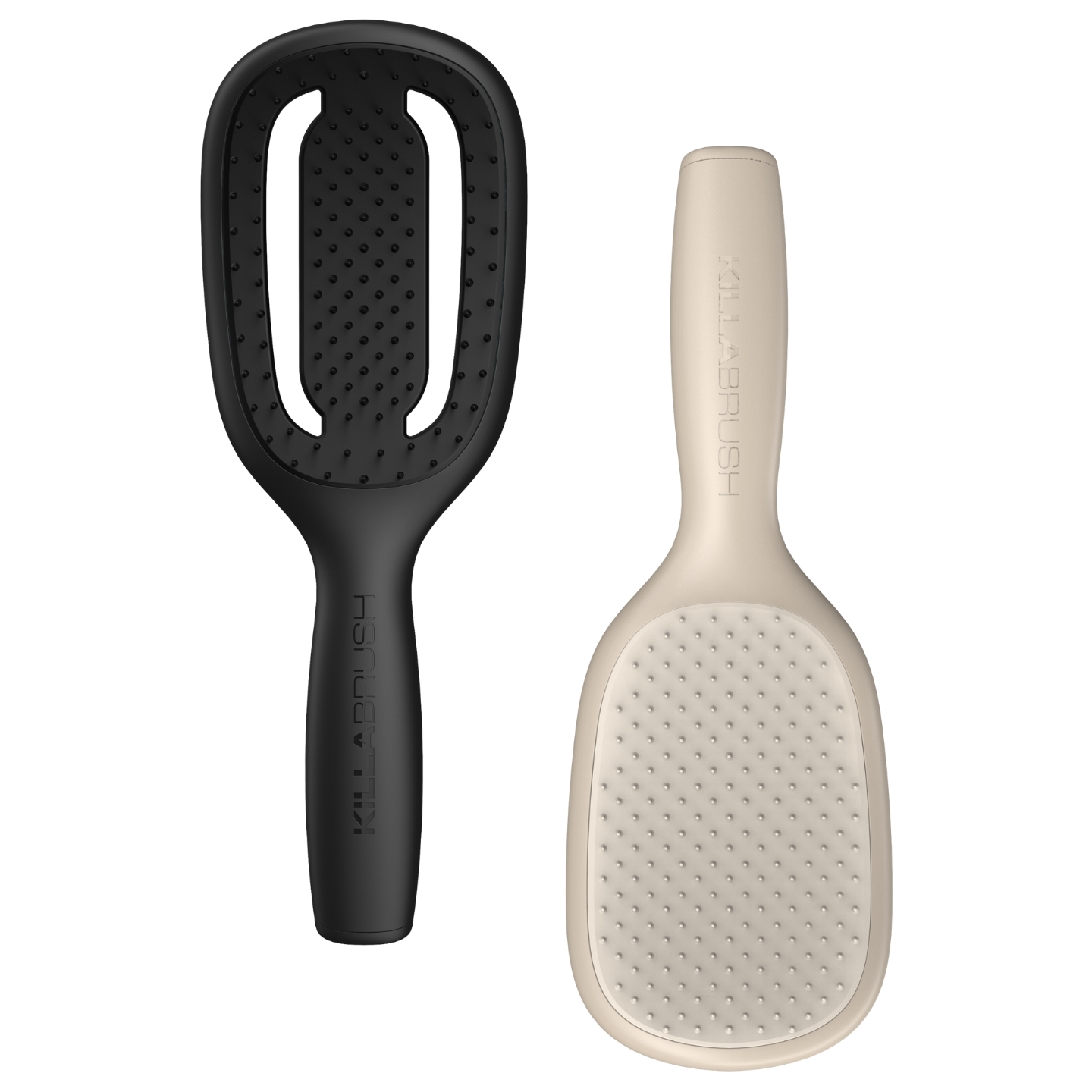 The Black KillaBrush Vented Styling Brush alongside the Sand Original Paddle Brush positioned upside down, featured on Beauty News Daily.