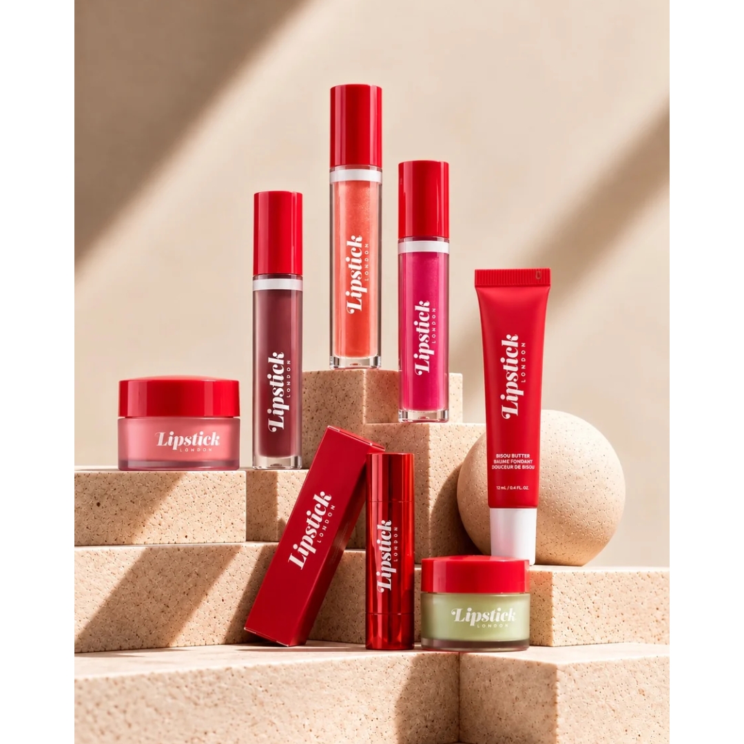Lipstick London lip products in red packaging, including glosses, balms and a lipstick, arranged on stone blocks against a beige background.