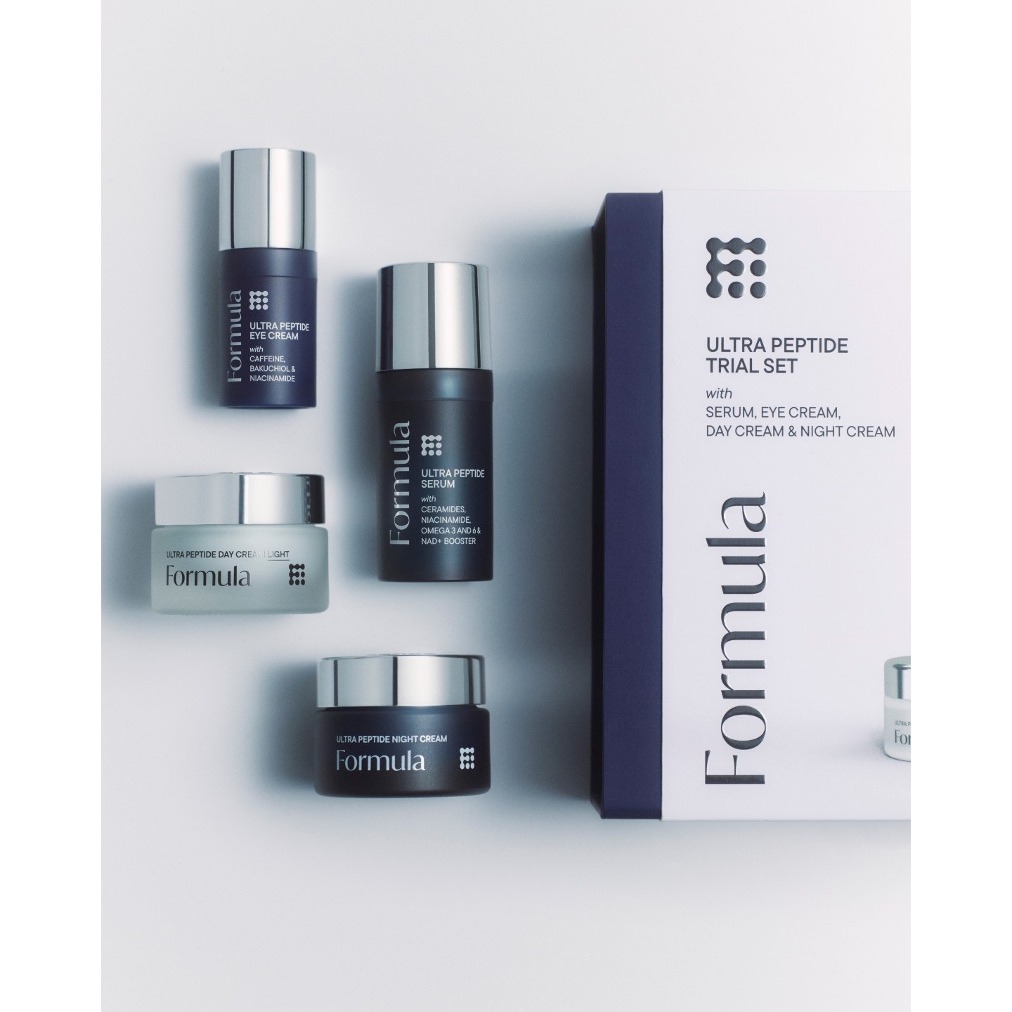 M&S Beauty Formula Ultra Peptide skincare range arranged on a white surface next to its packaging box, including the Eye Cream, Serum, Day Cream Light, and Night Cream.