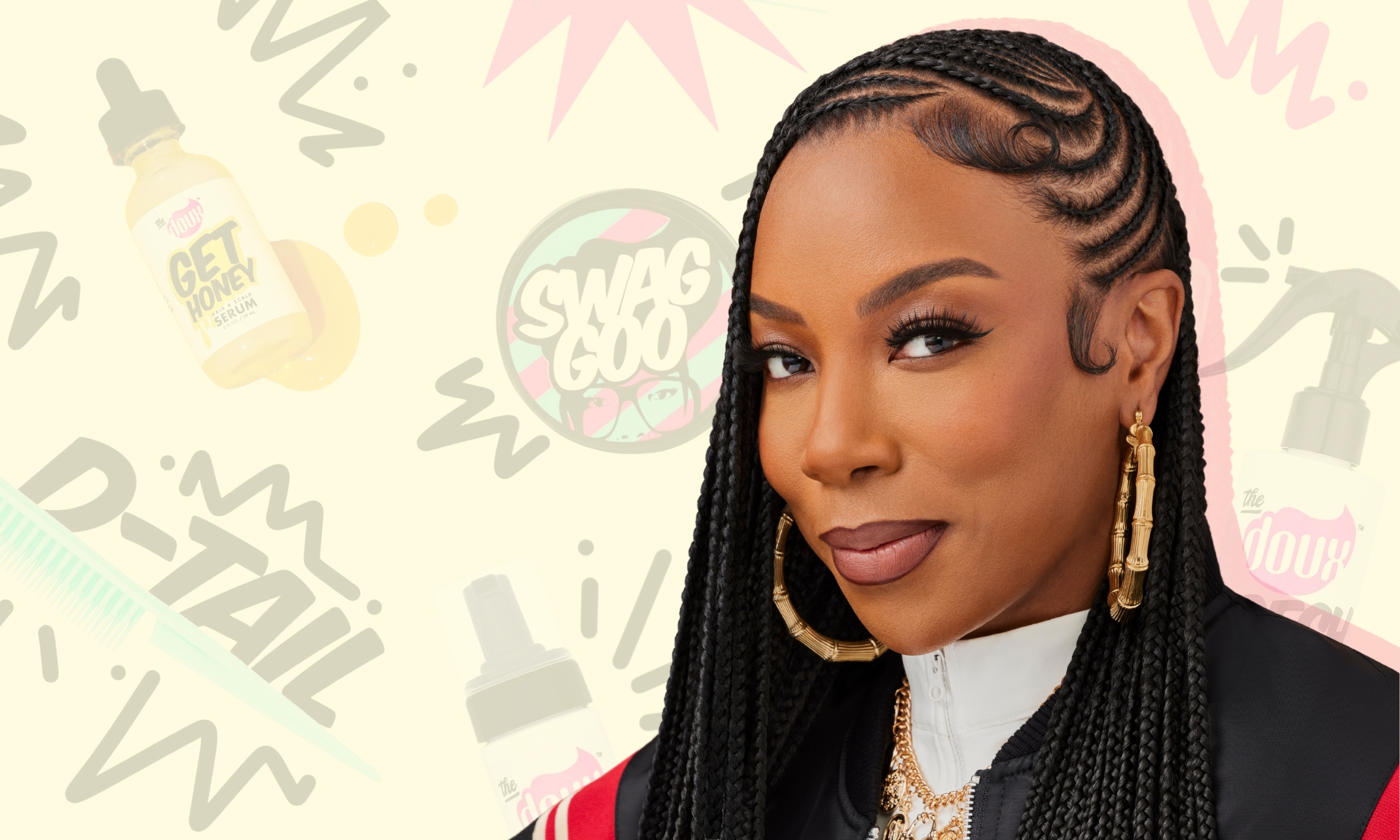Portrait of Maya Smith, founder of The Doux, featuring styled cornrow braids and gold hoop earrings set against a cream background with product graphics.