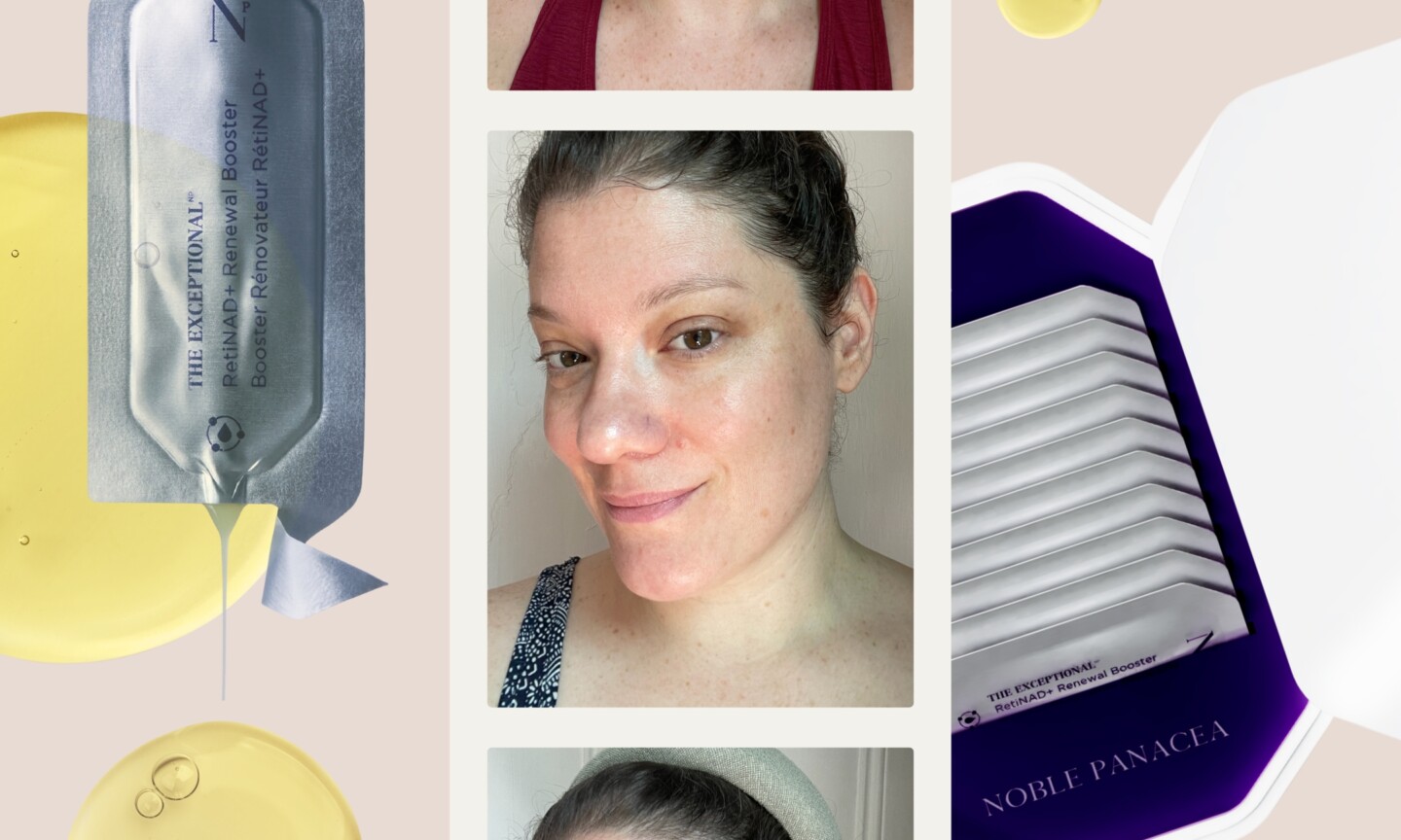 A collage showcasing Noble Panacea RetiNAD+ Renewal Booster single-use doses, packaging, liquid texture close-ups, and a journalist tester portrait.