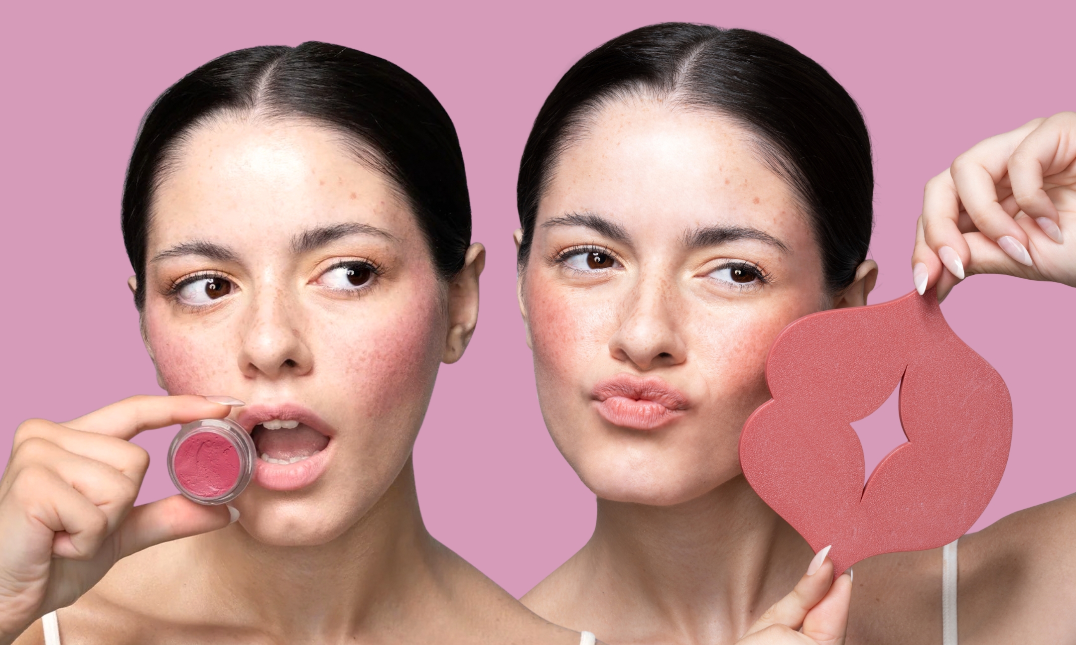 Side-by-side shots of a model holding a small pot of pink Nosh Beauty Schmear lip product near her mouth on the left, and holding a lip-shaped sponge applicator on the right against a pink background.