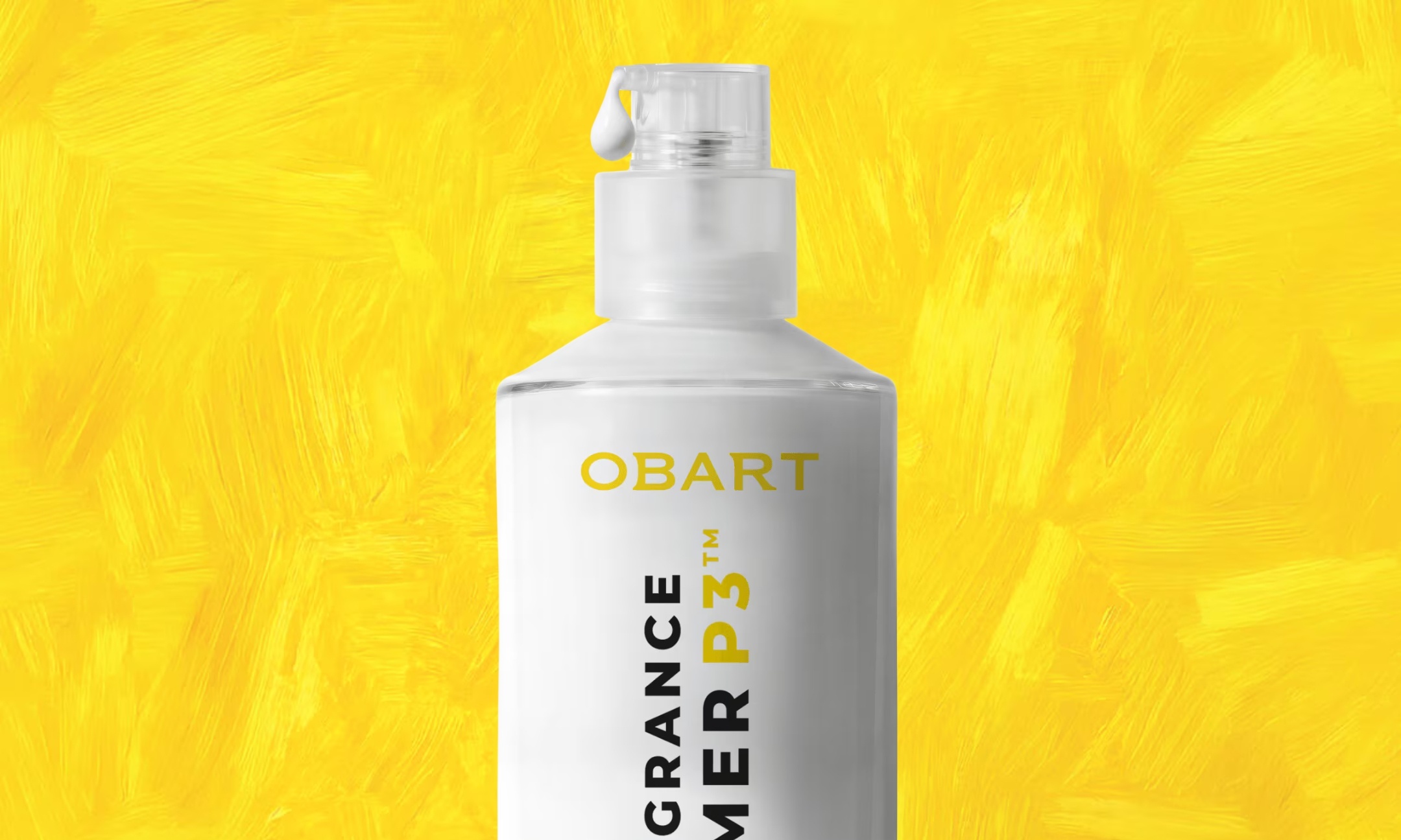 A white pump bottle of Obart Fragrance Primer P3 with yellow and black text, set against a textured bright yellow background.