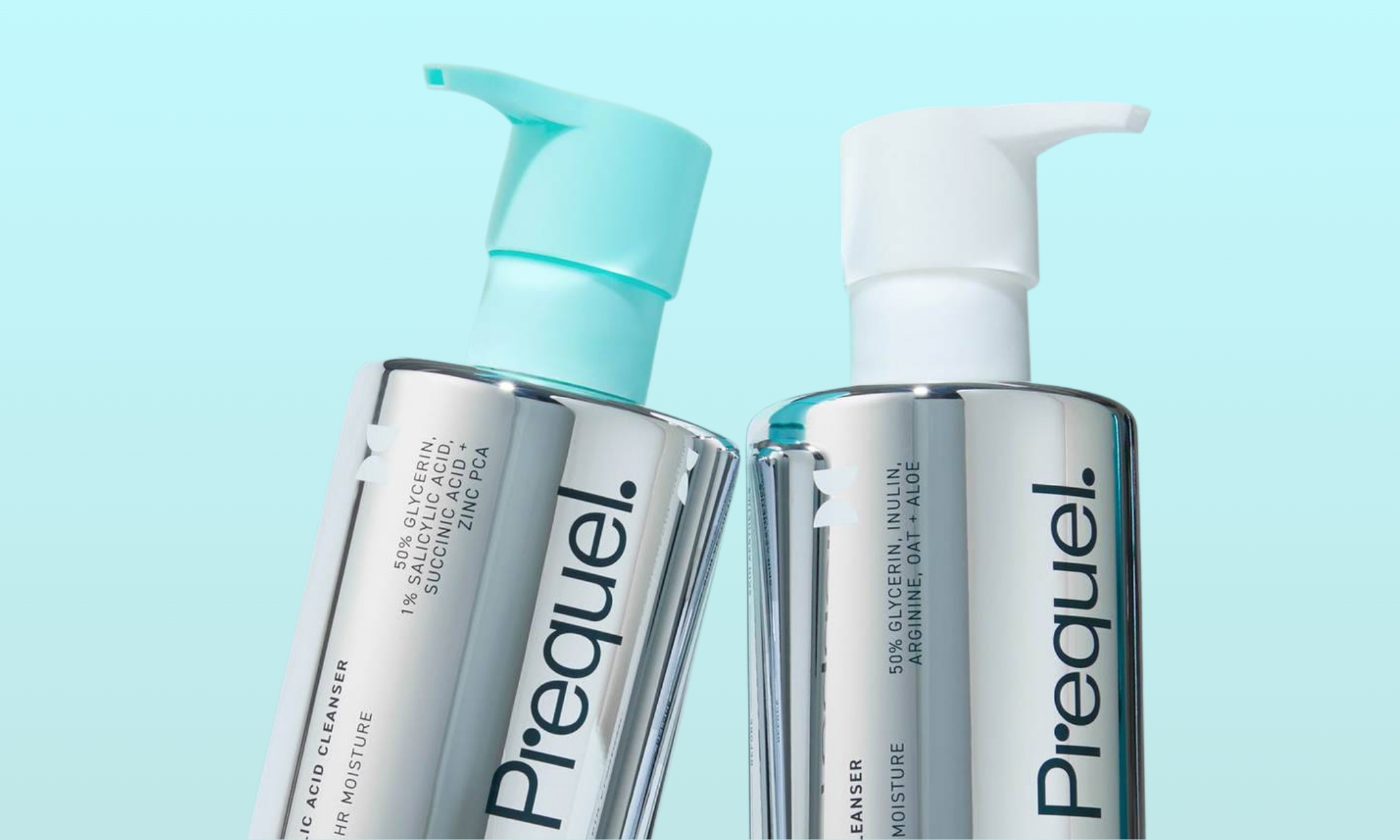 Two metallic chrome pump bottles of Prequel skincare cleansers — Gleanser and Gleanser + SA — standing side by side against a pastel blue background.