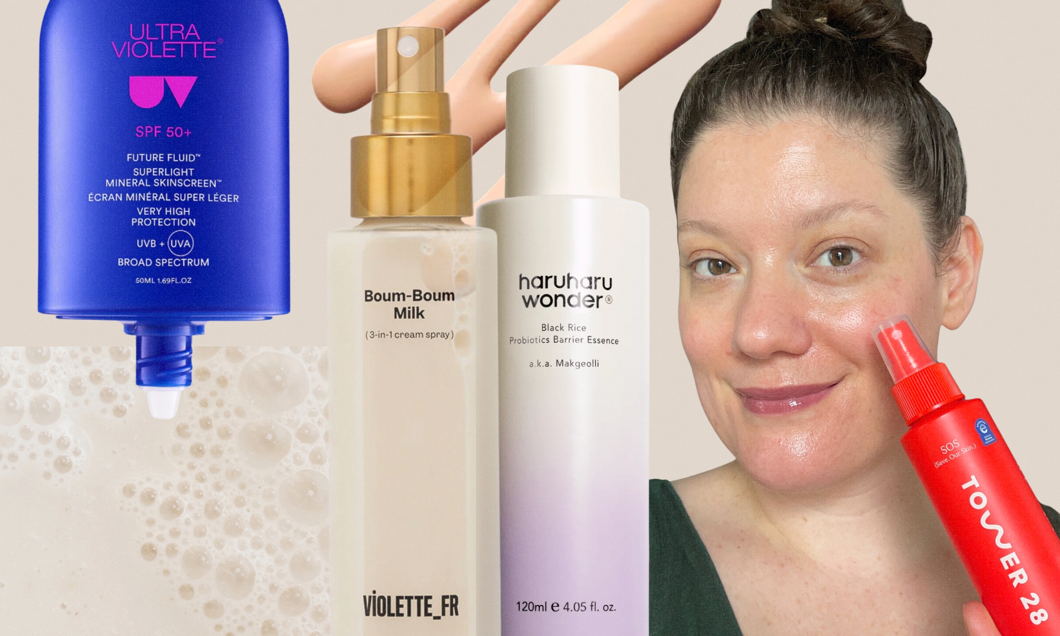 A woman holding a red bottle of Tower 28 SOS Daily Rescue Facial Spray next to a collage featuring Ultra Violette Fave Fluid SPF 50+, Violette_FR Boum-Boum Milk, and Haruharu Wonder Black Rice Probiotics Barrier Essence.