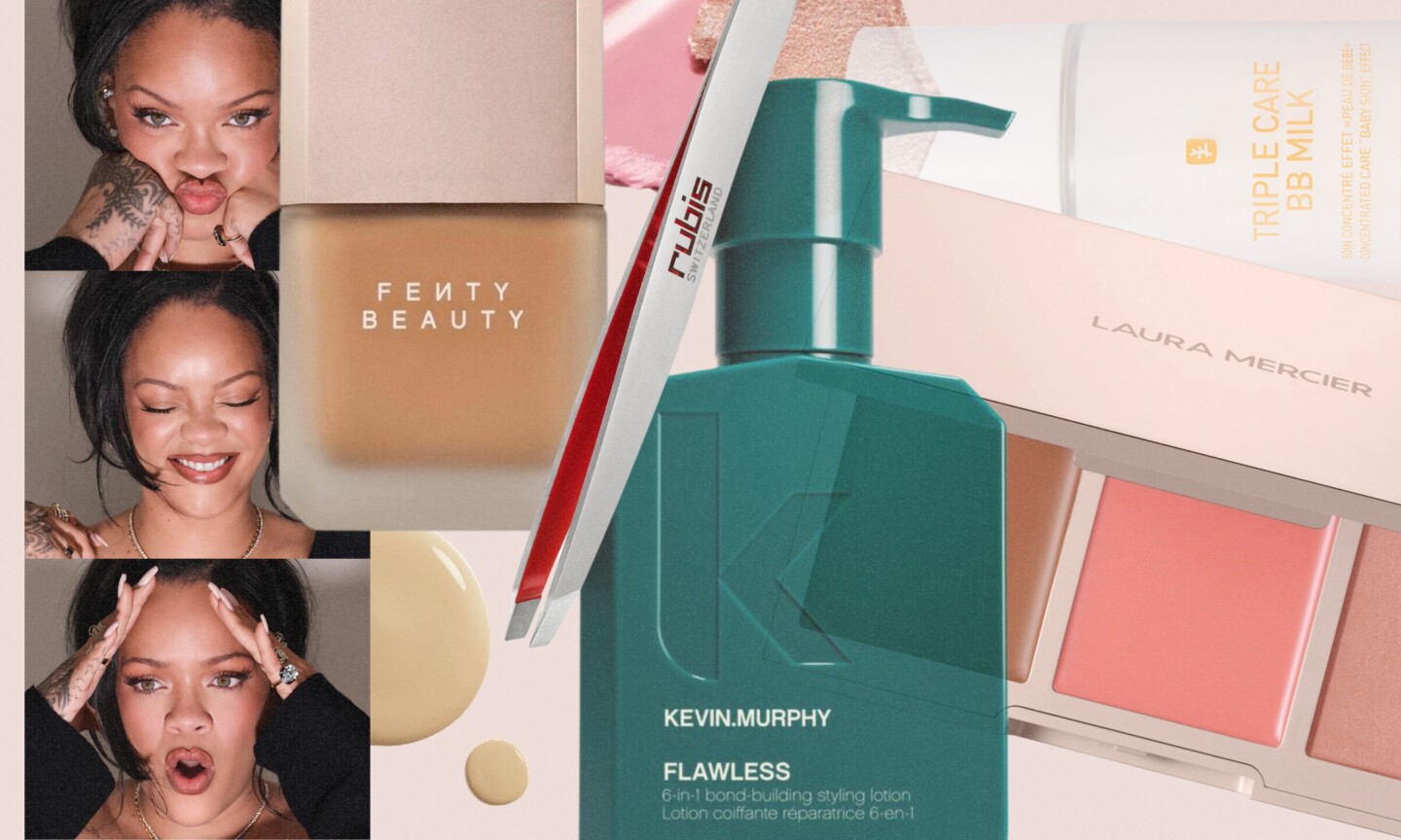 A collage of September beauty launches including Rihanna posing for Fenty Beauty, a Kevin Murphy Flawless styling lotion bottle, Rubis tweezers, and a Laura Mercier palette.