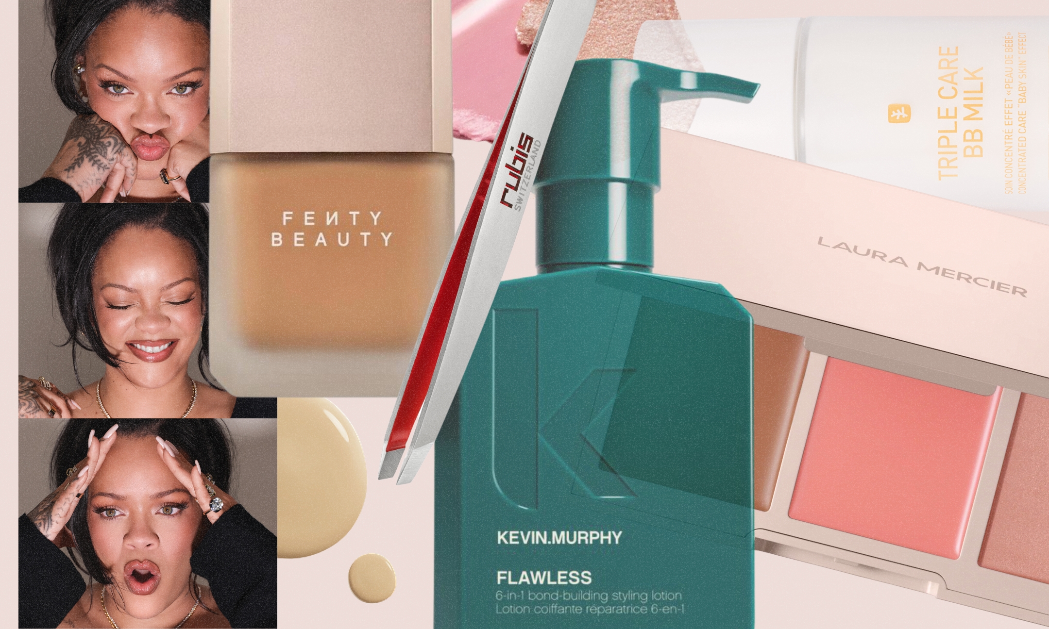 A collage of September beauty launches including Rihanna posing for Fenty Beauty, a Kevin Murphy Flawless styling lotion bottle, Rubis tweezers, and a Laura Mercier palette.