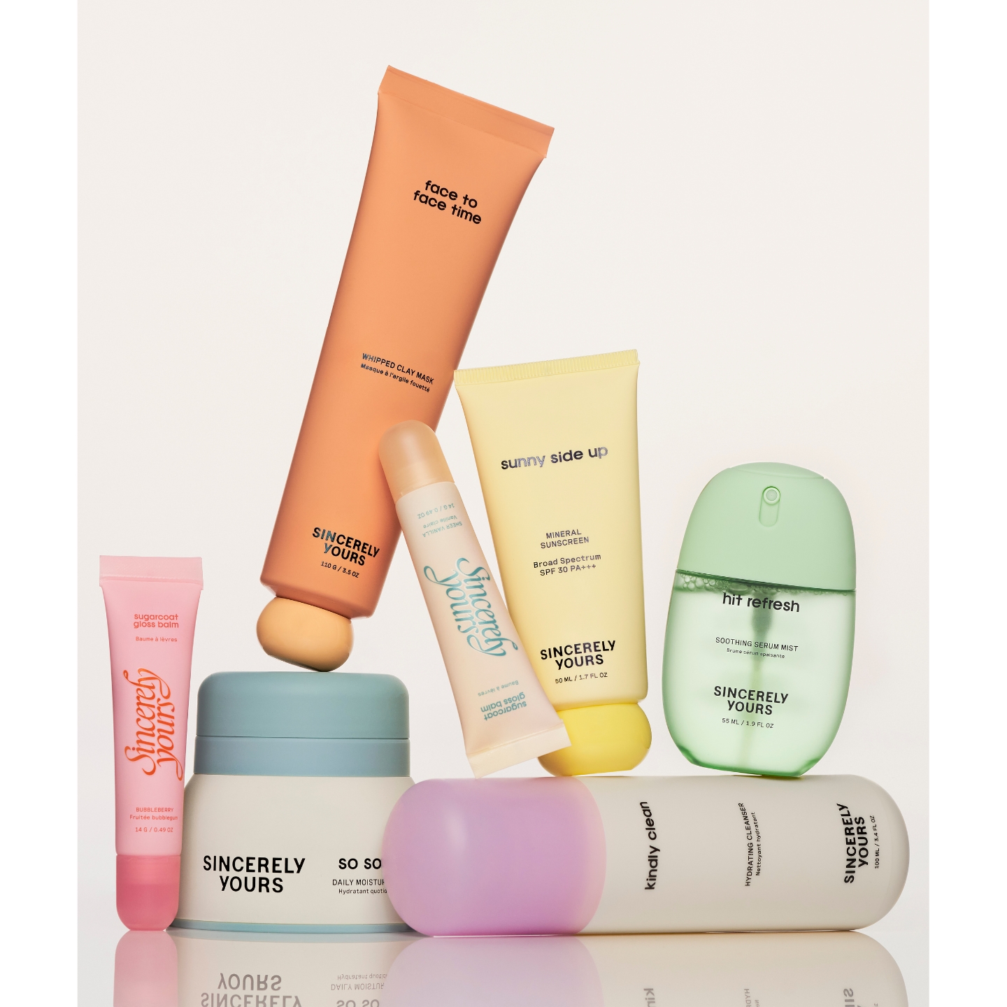 A collection of Sincerely Yours skincare and beauty products, including Face to Face Time clay mask, Sunny Side Up sunscreen, and Hit Refresh serum mist, featured on Beauty News Daily.