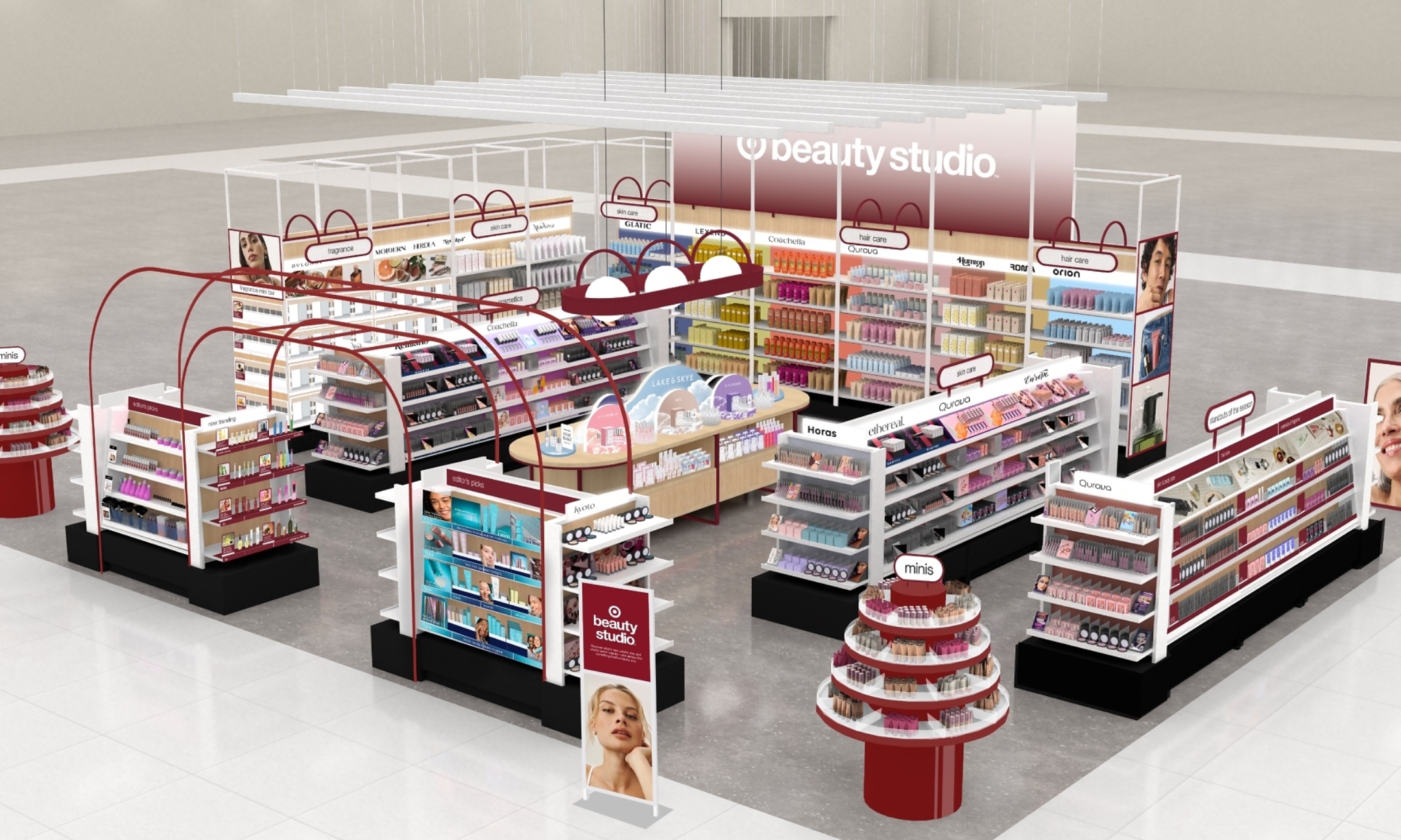 3D architectural rendering of a Target Beauty Studio retail layout featuring white product display shelves, red arches, circular mini product stands, and branded signage.
