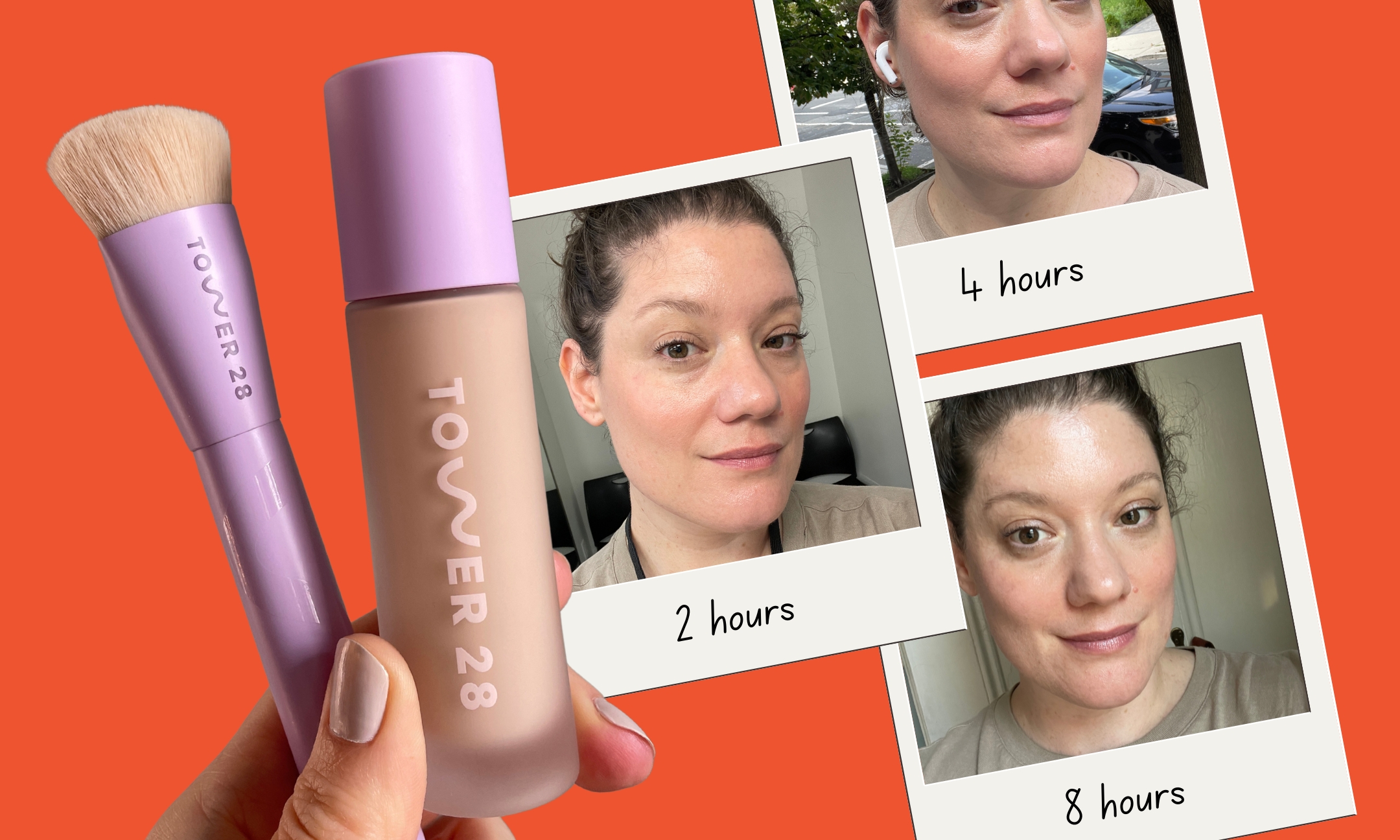 Tower 28 Swipe Serum Foundation bottle and brush shown next to polaroid wear-test photos tracking skin finish at 2 hours, 4 hours, and 8 hours on a red-orange background.