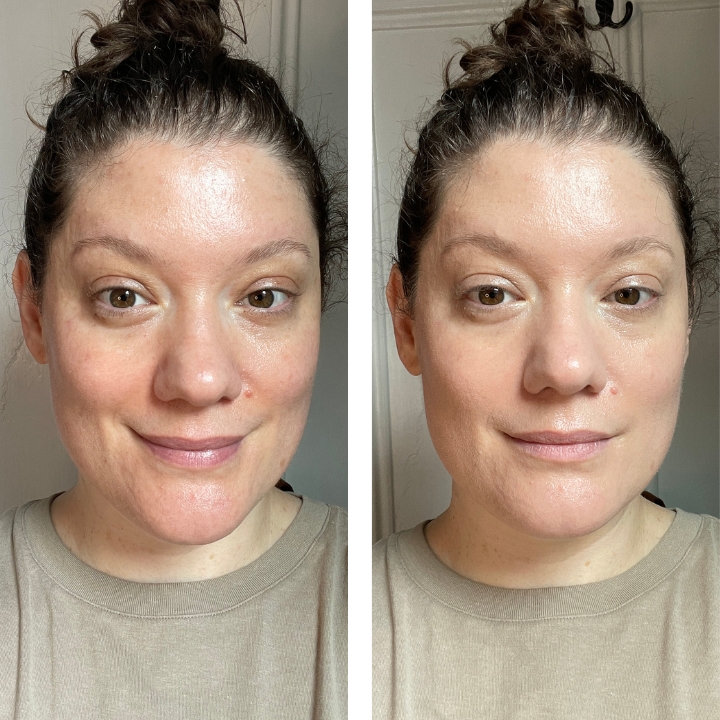 Side-by-side selfie comparison of bare skin versus skin with Tower 28 Swipe Serum Foundation applied.