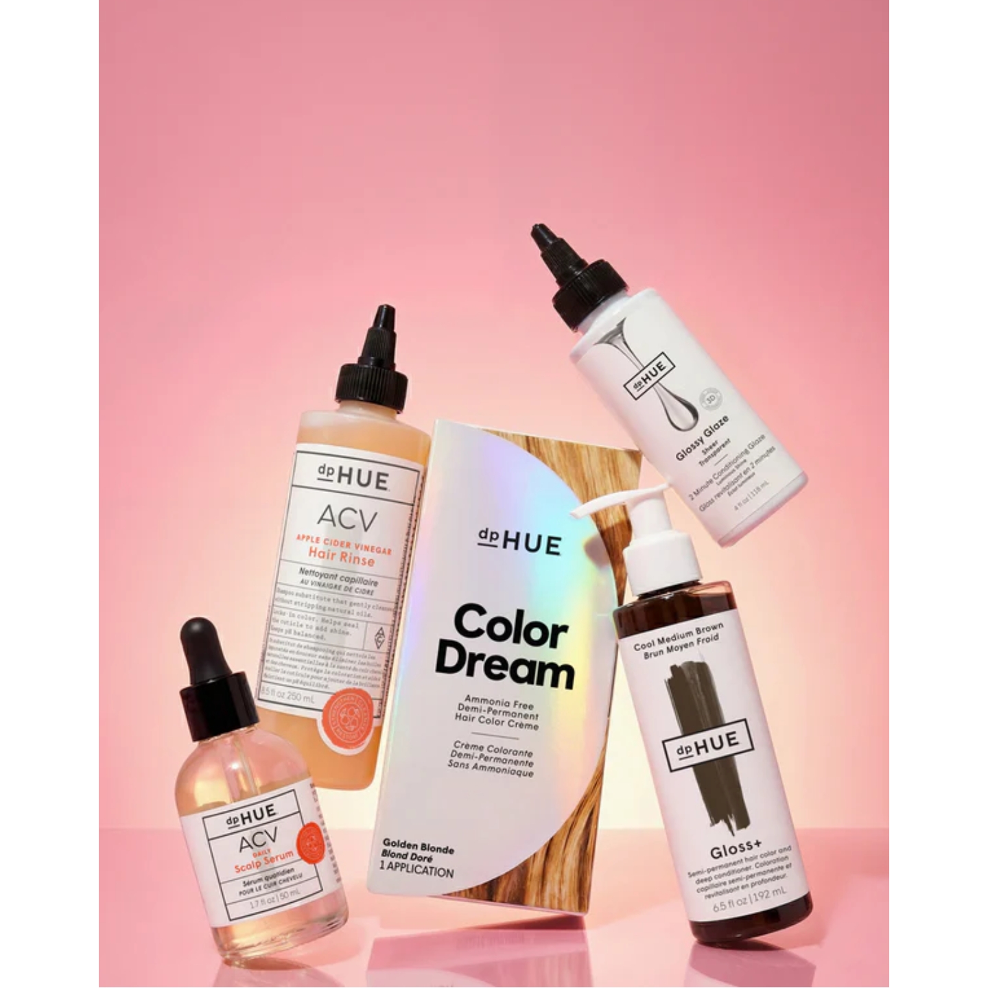 A collection of dpHUE hair care products, including ACV Hair Rinse, Color Dream demi-permanent hair color, and Gloss+, featured on Beauty News Daily.