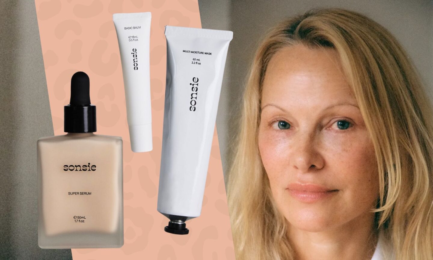 Pamela Anderson next to Sonsie skincare products